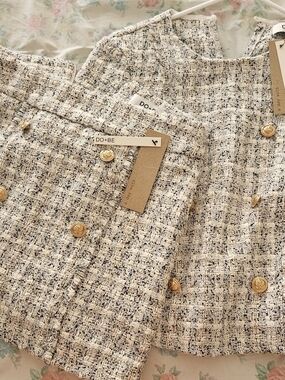 DO+BE Cream and Black Tweed Skirt Set with Gold Buttons